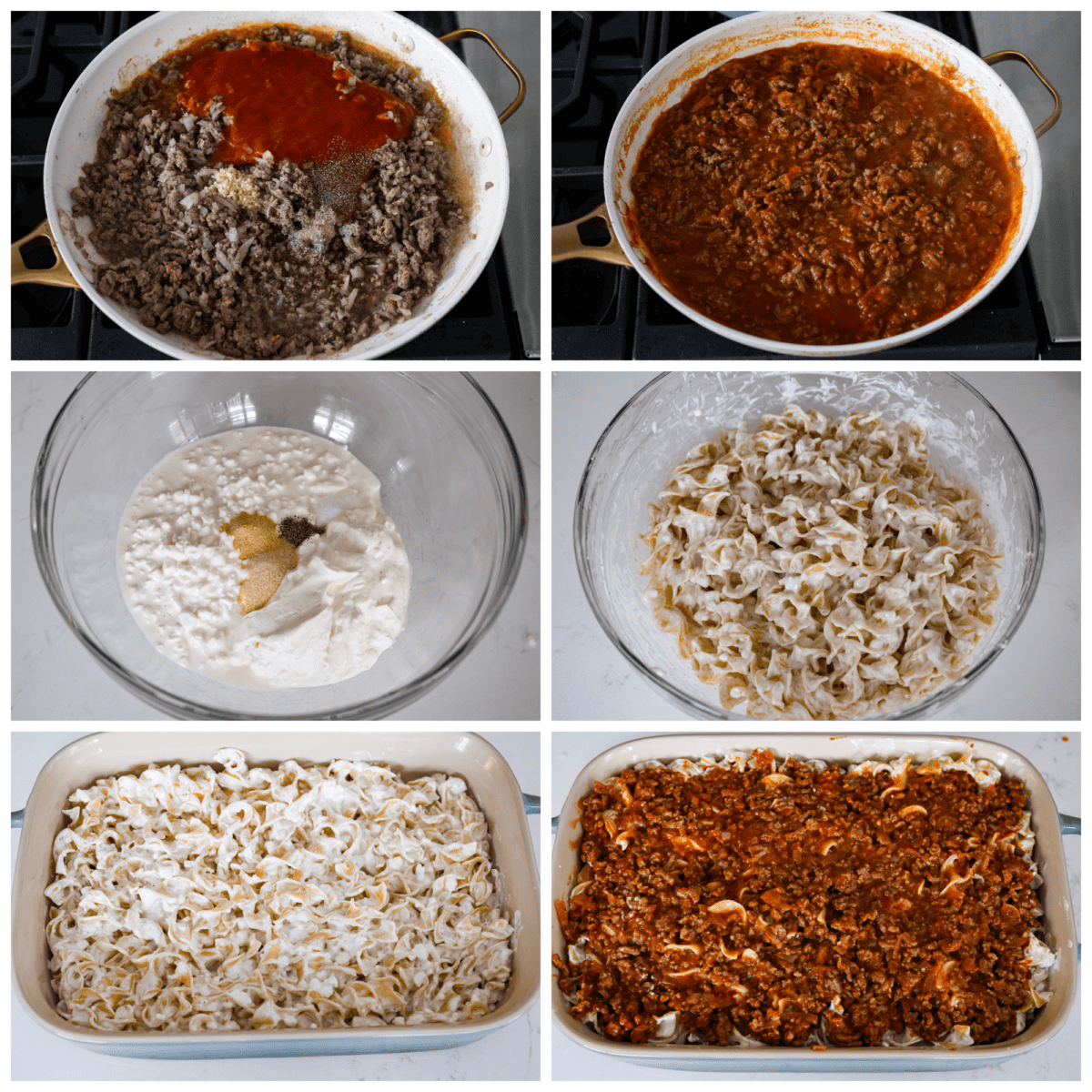 This flavorful Sour Cream Noodle Bake takes pasta to a whole new level! Using sour cream, cottage cheese, ground beef, tomato sauce, noodles and plenty of mozzarella, this recipe will have you coming back for seconds and even thirds! 6-photo collage of the beef mixture being prepared it being added to a casserole dish along with the pasta and sauces.
