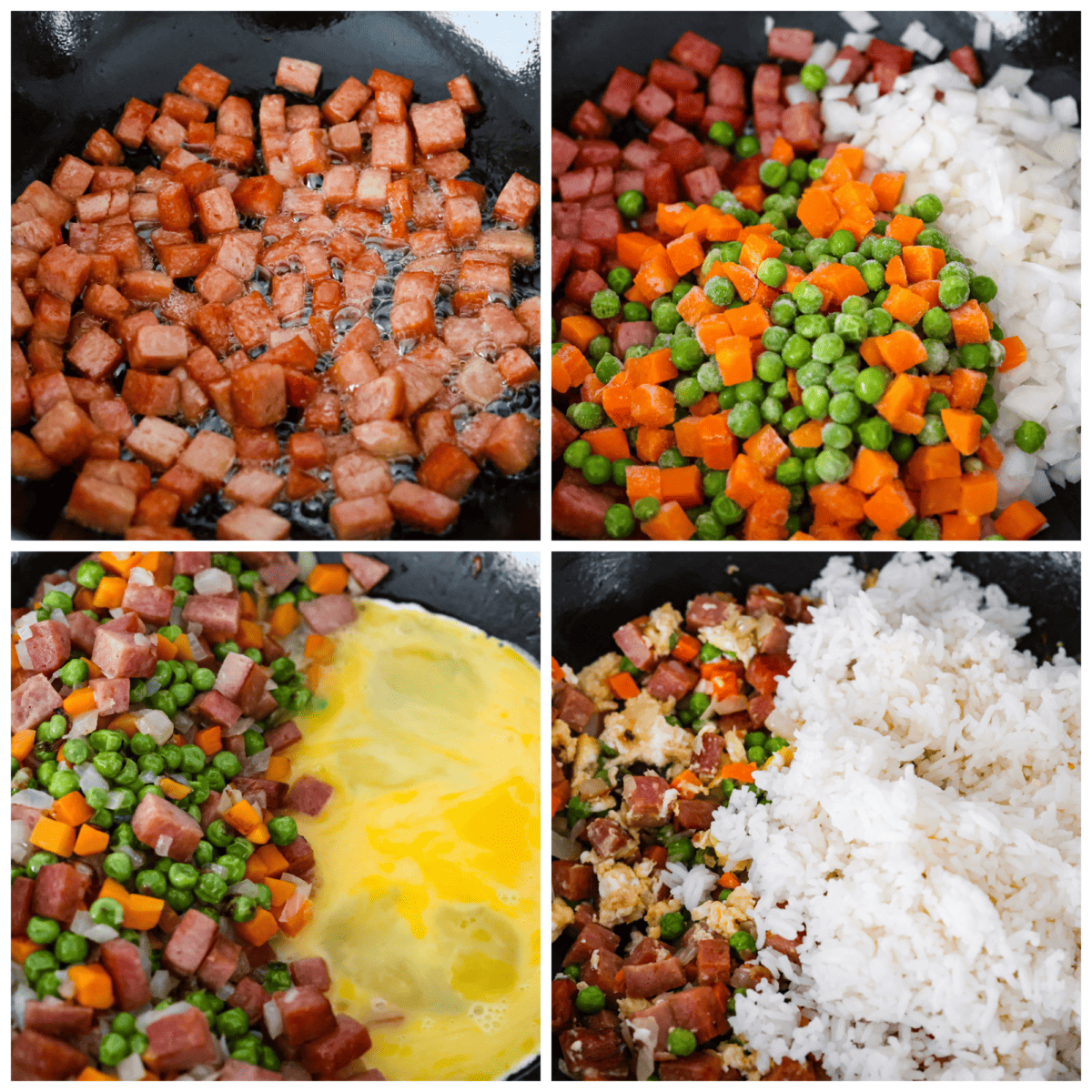 This combination of salty, pan-fried spam, fluffy rice, eggs, and veggies will have you hooked. With how delicious and easy-to-make spam fried rice is, be prepared for it to be a regular in your dinner rotation! 4-photo collage of the Spam being cooked, then the vegetables, then the egg, and then the rice.