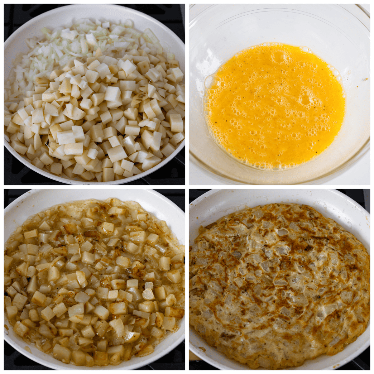 Make this delicious traditional Spanish tortilla at home! Tender potatoes, eggs, and onions cooked together in a skillet and topped with fresh salsa. Bring the flavors of Spain to your kitchen! First photo of onions and potatoes cooking in a skillet. Second photo of the eggs whisked together in a bowl. Third photo of the eggs added to the skillet of onions and potatoes. Fourth photo of the tortilla flipped over in the skillet.