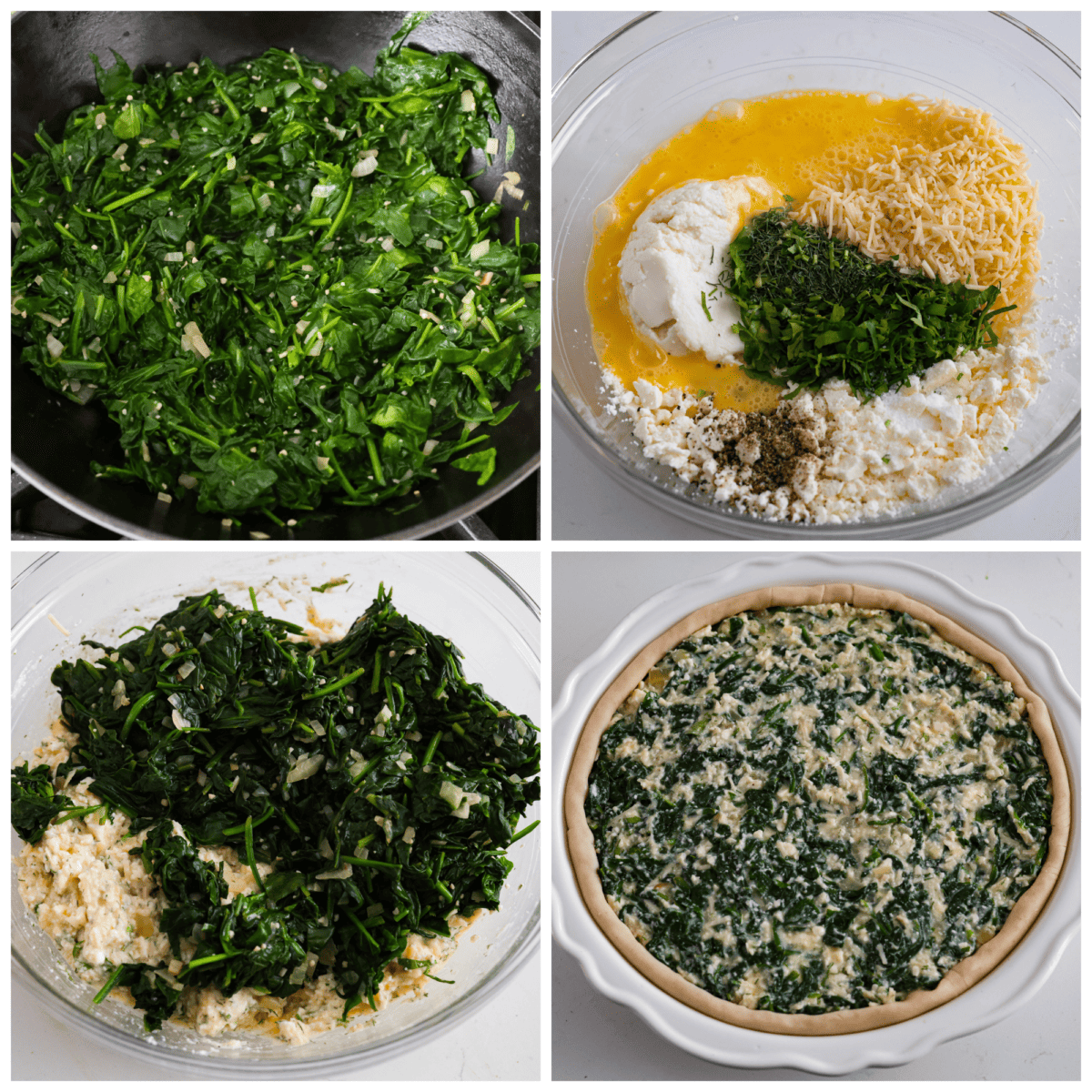 This savory spinach pie is packed with spinach and baked in a flaky crust. It's loaded with three kinds of cheeses, onion, garlic, eggs, and seasoned with tons of flavor! Enjoy it warm or cold, and any time of day. First photo of the spinach, onion, and garlic sauteed in a pan. Second photo of the egg and cheese ingredients in a bowl. Third photo of the spinach mixture added to the cheese mixture. Fourth photo of the filling added to the pie dish.