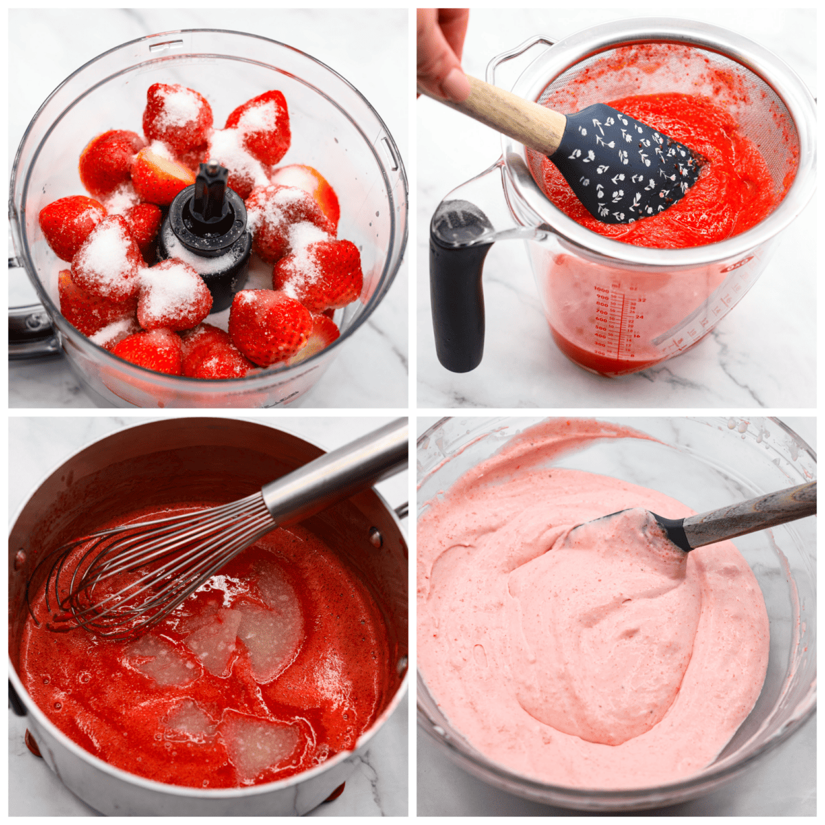Deliciously sweet and creamy, this Strawberry Mousse is a dessert that looks impressive, yet is so easy to make. It tastes amazing, is bursting with fruity flavor, and would be the perfect treat for any occasion! 4-photo collage of the strawberry mixture being blended and whipped into a mousse.