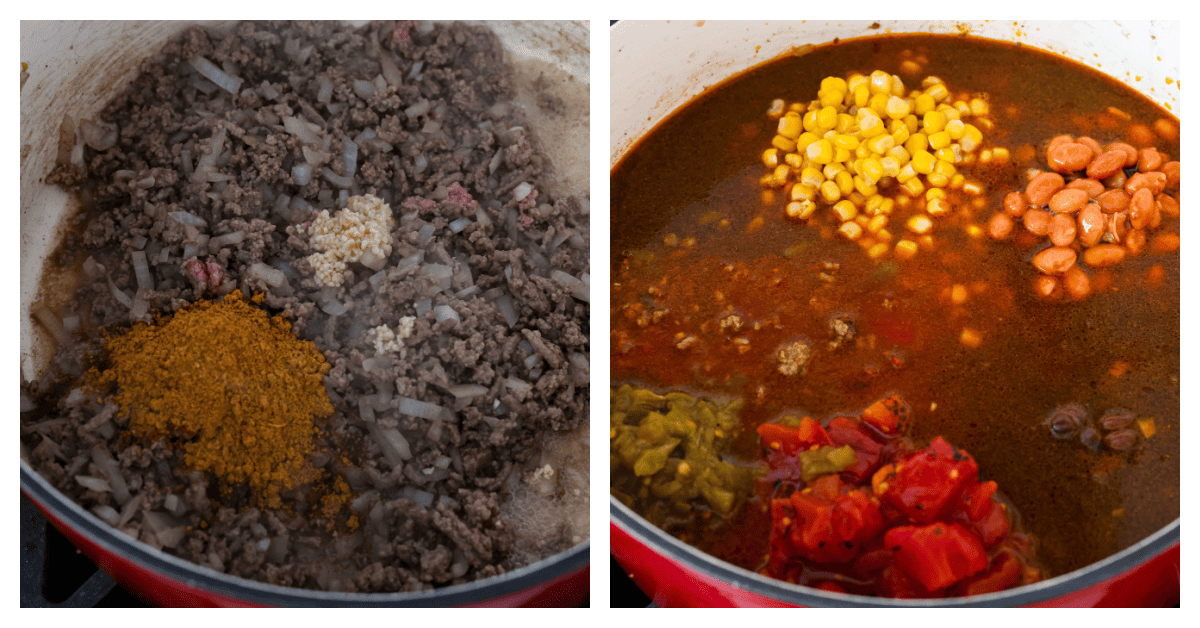 This one-pot taco soup delivers all the bold, Tex-Mex goodness you love with simple pantry staples and minimal prep! Plus, it's ready to go in 30 minutes. This is one of my family’s favorite dinners and I know you’ll love it just as much. 2-photo collage of the beef being browned and the canned ingredients being added to the pot.
