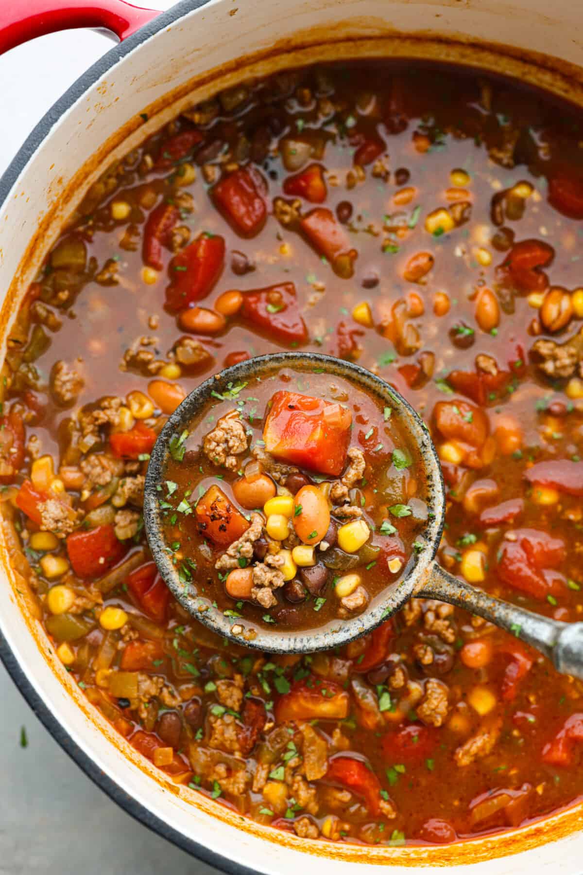This one-pot taco soup delivers all the bold, Tex-Mex goodness you love with simple pantry staples and minimal prep! Plus, it's ready to go in 30 minutes. This is one of my family’s favorite dinners and I know you’ll love it just as much. Taco soup being scooped up with a ladle.