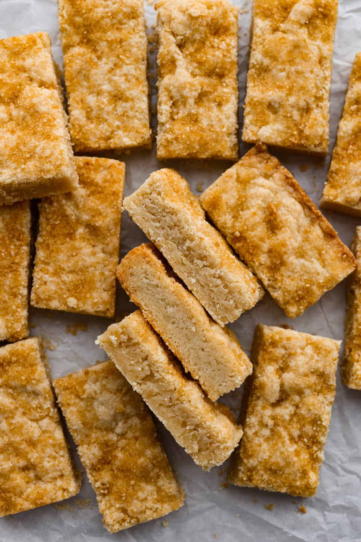 After tasting these delicious Ted Lasso Biscuits in real life, you'll understand just why Rebecca was obsessed with them! They are sweet and have the perfect shortbread texture. A close up of the shortbread Ted Lasso biscuits on parchment paper.