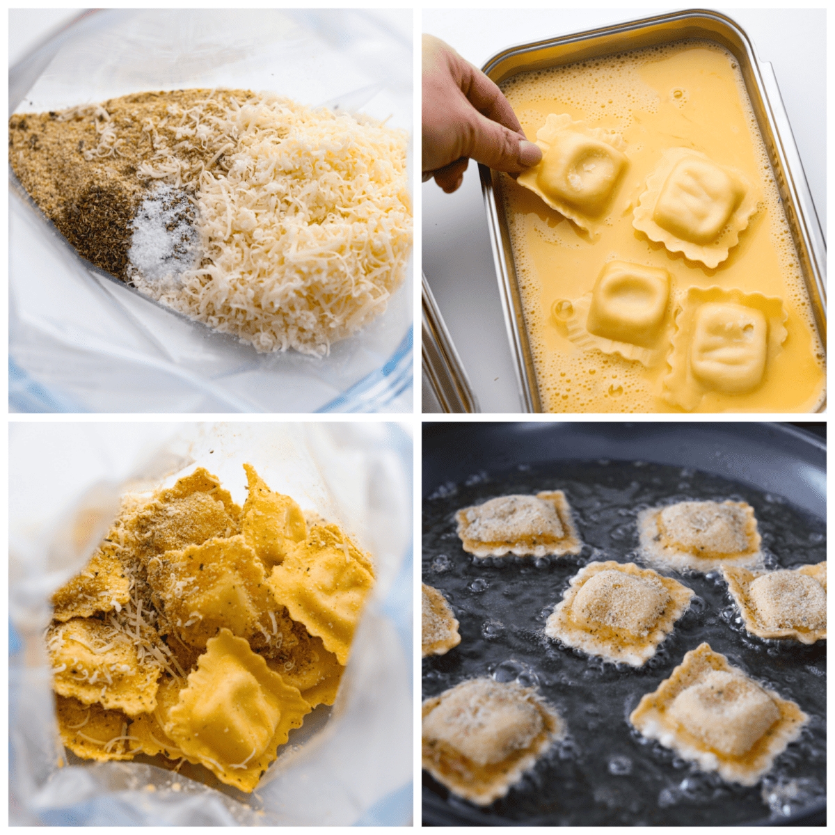 Tender ravioli coated in Italian breadcrumbs and parmesan cheese, toasted to golden brown perfection! Served with a side of marinara for dipping, this is one appetizer you donโt want to miss! Collage of ravioli being breaded and fried.