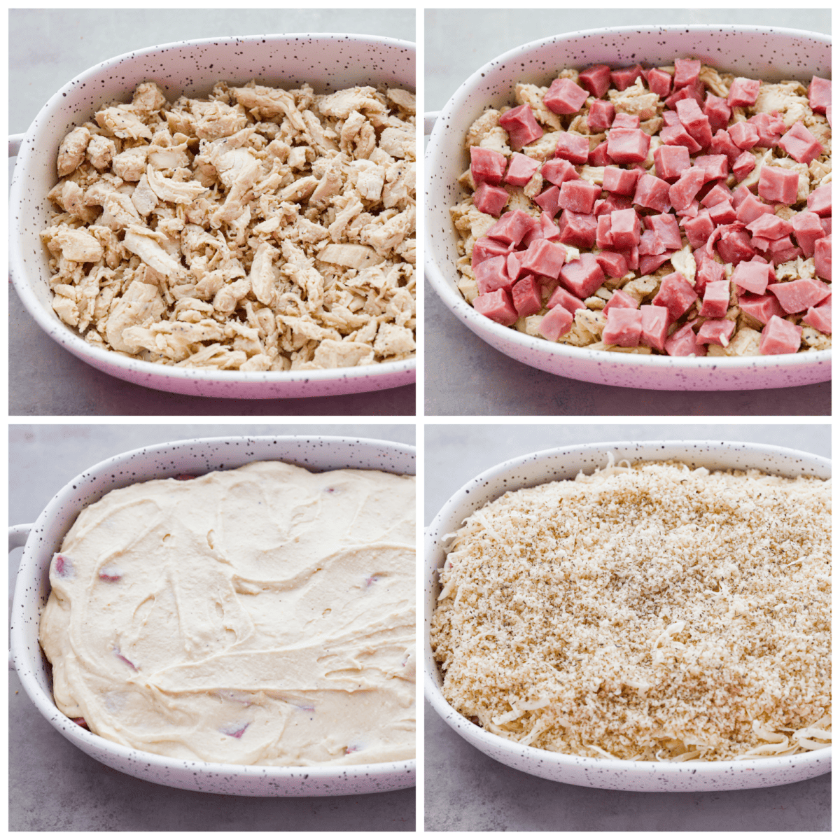 This Chicken Cordon Bleu Casserole is simple and delicious. It combines tender chicken and smokey, flavorful ham in a melty, creamy cheese sauce topped with crispy breadcrumbs. Your whole family will love it! 4-photo collage of the chicken, ham, sauce, and breadcrumb coating being layered.