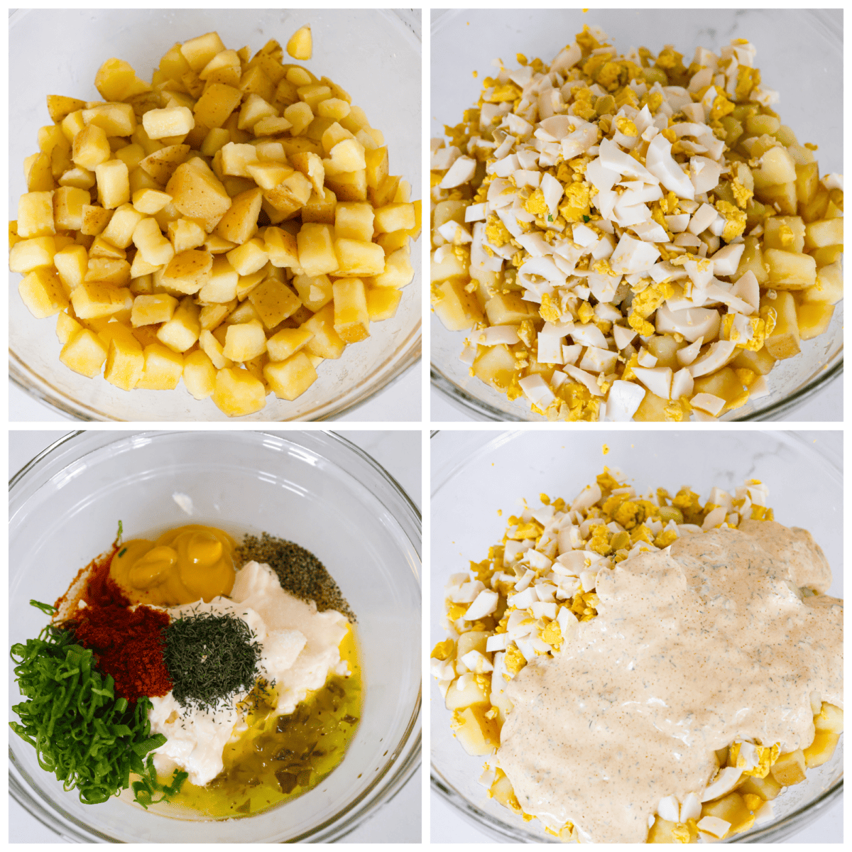 This classic potato salad recipe is cool, creamy, and the perfect side dish for any cookout! Easy to make ahead and so flavorful! 4-photo collage of the potatoes and hard boiled eggs being mixed together with the mayo dressing.