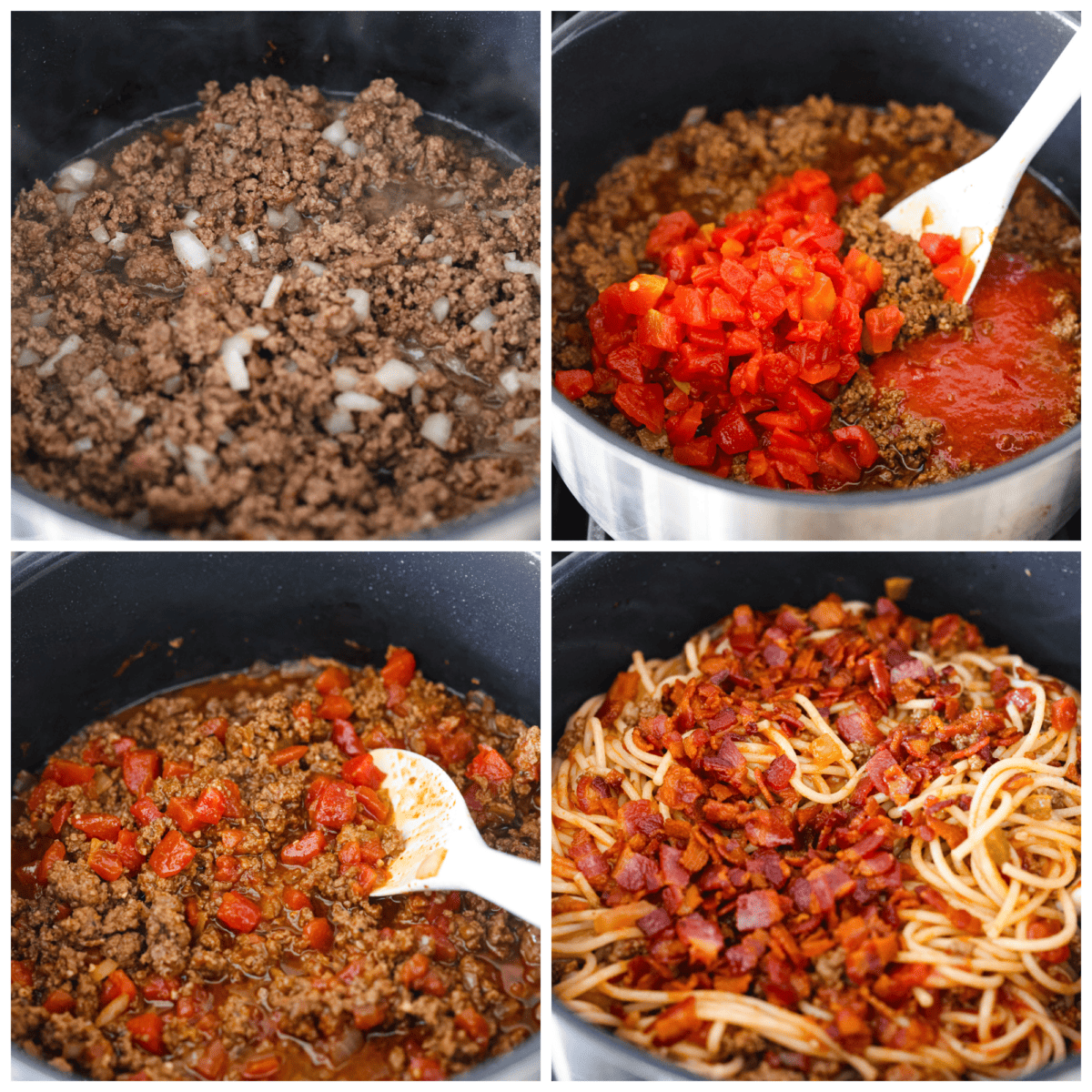 Upgrade your spaghetti with some cowboy fixings: sliced jalapenos, bacon, shredded cheddar cheese, and rotel tomatoes! It’s a hearty American version of a classic dish that everyone will love! 4-photo collage of the ground beef mixture being prepared and combined with the pasta.