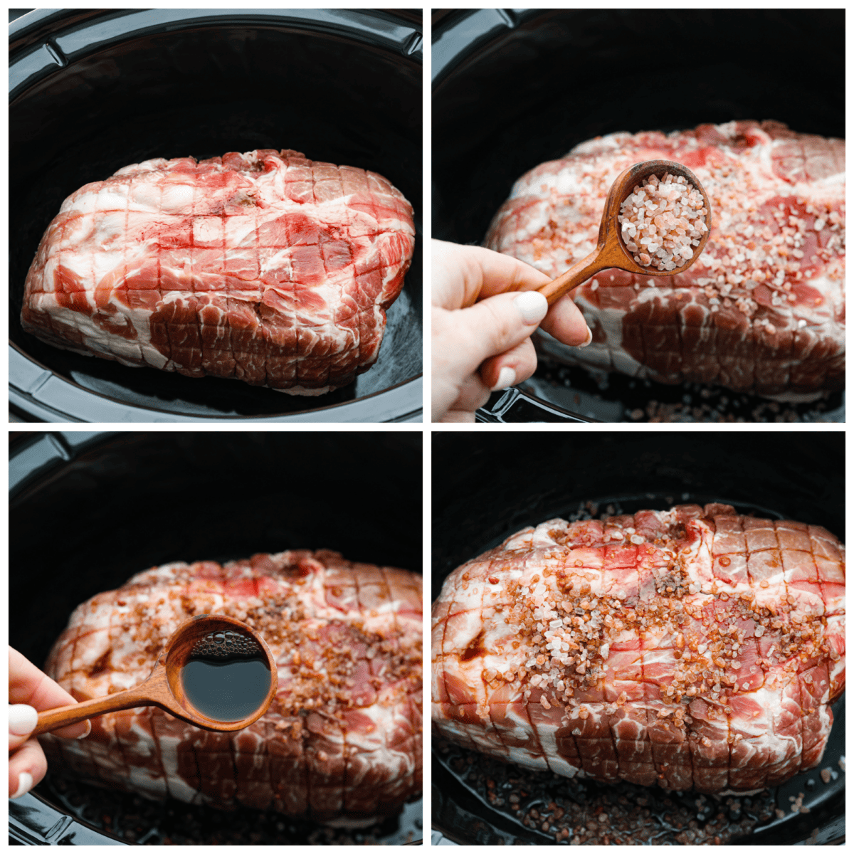 Tender slow cooker kalua pulled pork is salty, smokey melt-in-your-mouth perfection. Enjoy authentic Hawaiian luau pork flavor at home with this super simple 3 ingredient masterpiece. First photo of the pork roast in the slow cooker. Second photo of the salt sprinkling on the roast. Third photo of the liquid smoke pouring on the roast. Fourth photo of the roast prepped before it cooks.