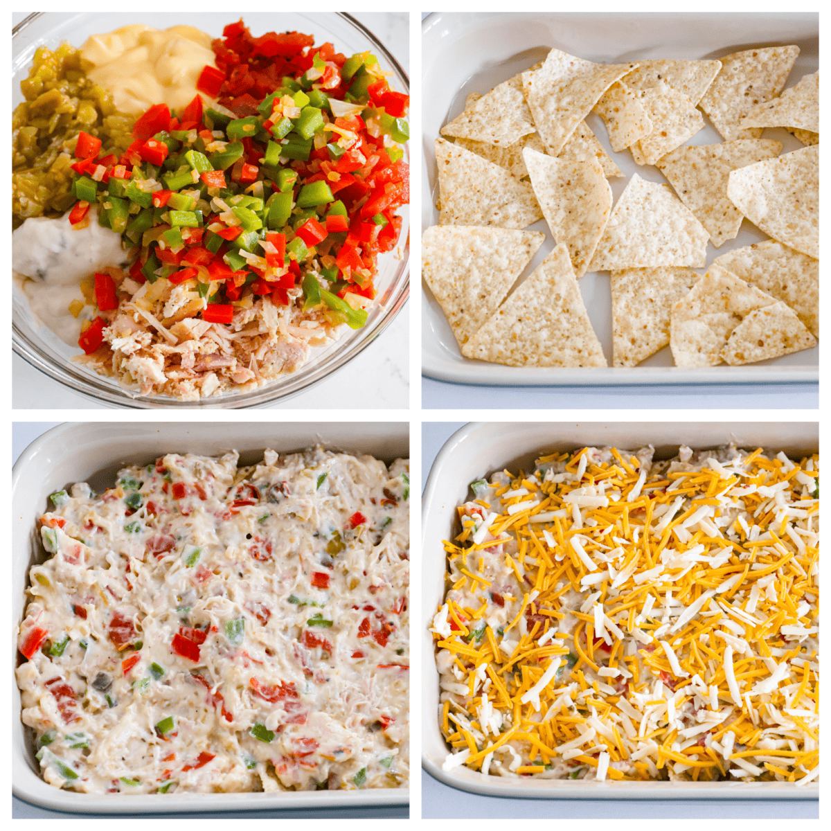 King Ranch Casserole is your solution if you're looking for a dinner that is both delicious and easy to make! It's a creamy dish with layers of chicken, cheese, and tortilla chips that your family is going to want on repeat. First photo of the creamy chicken mixture ingredients in a bowl. Second photo of the chips layered in a baking dish. Third photo of the creamy chicken mixture layered on top of the chips. Fourth photo of cheese sprinkled on top of the casserole.