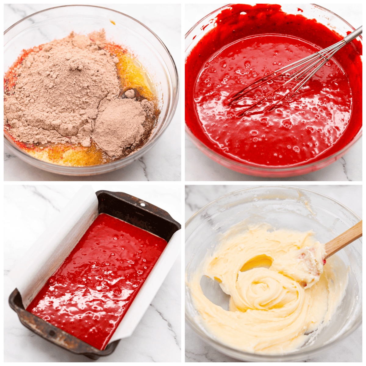 Let it come to room temperature on the counter before eating. First photo of the cake mix, pudding, and wet ingredients added to a large bowl. Second photo of the batter mixed with a whisk. Third photo of the batter in a loaf pan. Fourth photo of the cream cheese glaze.