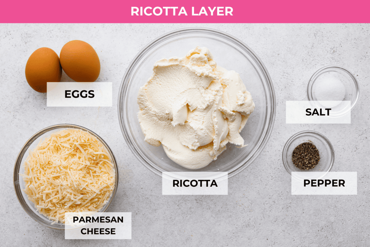 This white lasagna recipe swaps out traditional marinara for a homemade alfredo sauce that’s too good to resist. Packed with tender spinach, ricotta cheese, and Italian sausage, each bite is a dream! All of the ingredients for the ricotta layer in glass bowls.
