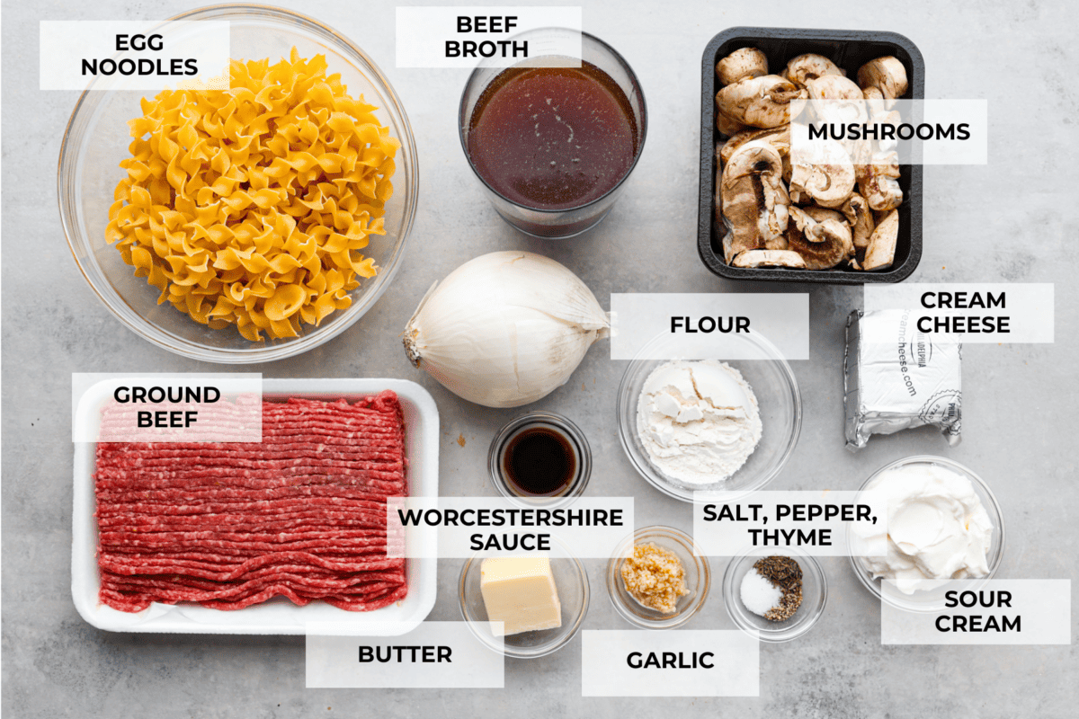 One-pot ground beef stroganoff is hearty, savory perfection and so easy to prepare! A luscious, creamy sauce made with tender mushrooms and ground beef, served over wide egg noodles. The kind of dinner the whole family will love! The uncooked pasta, ground beef, and sauce ingredients separated into glass bowls.
