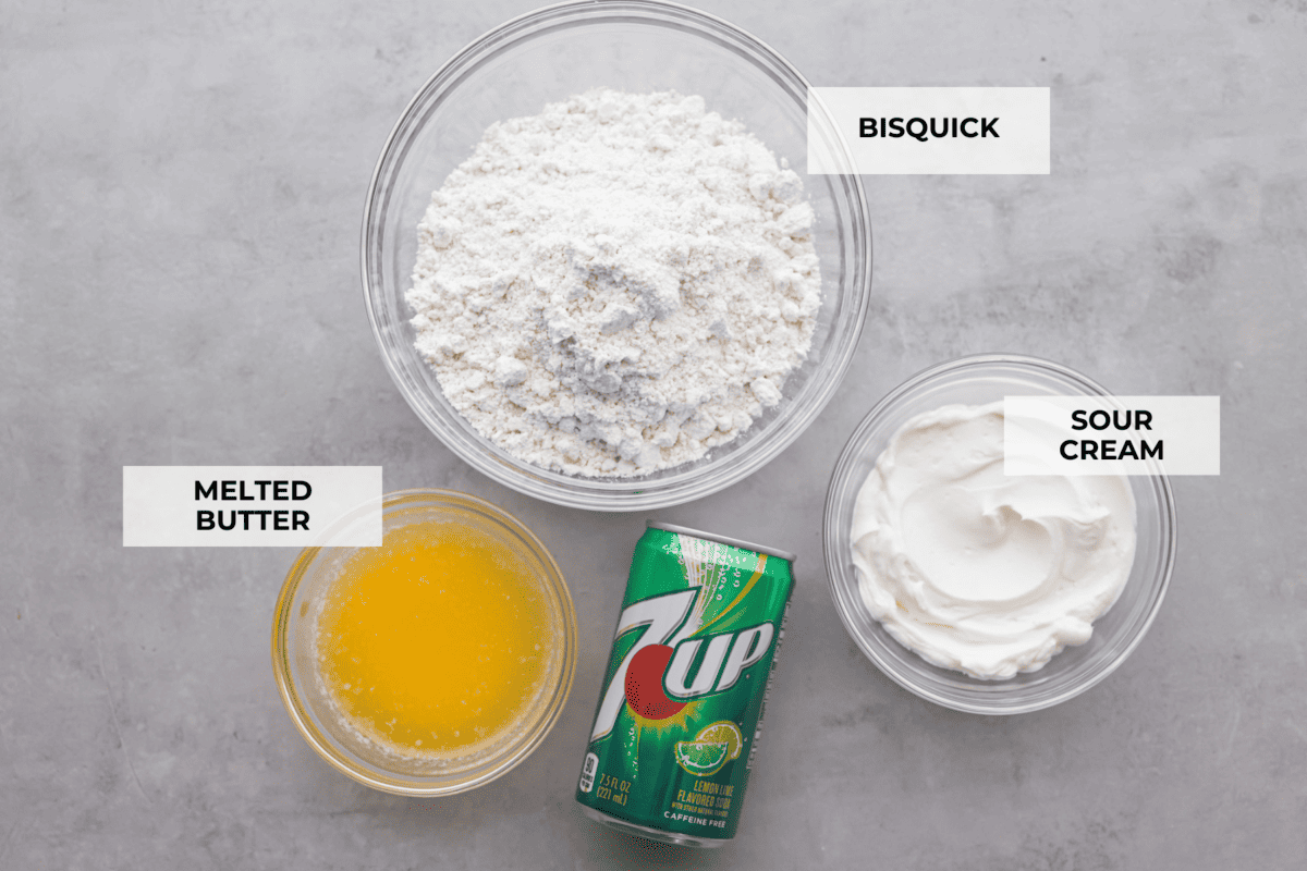 Tender and fluffyย 7-up biscuitsย rise to perfection and instantly become everyone's favorite biscuit! It only takes 4-ingredients to create this melt-in-your-mouth biscuit recipe! Ingredients labeled to make 7 up biscuits.