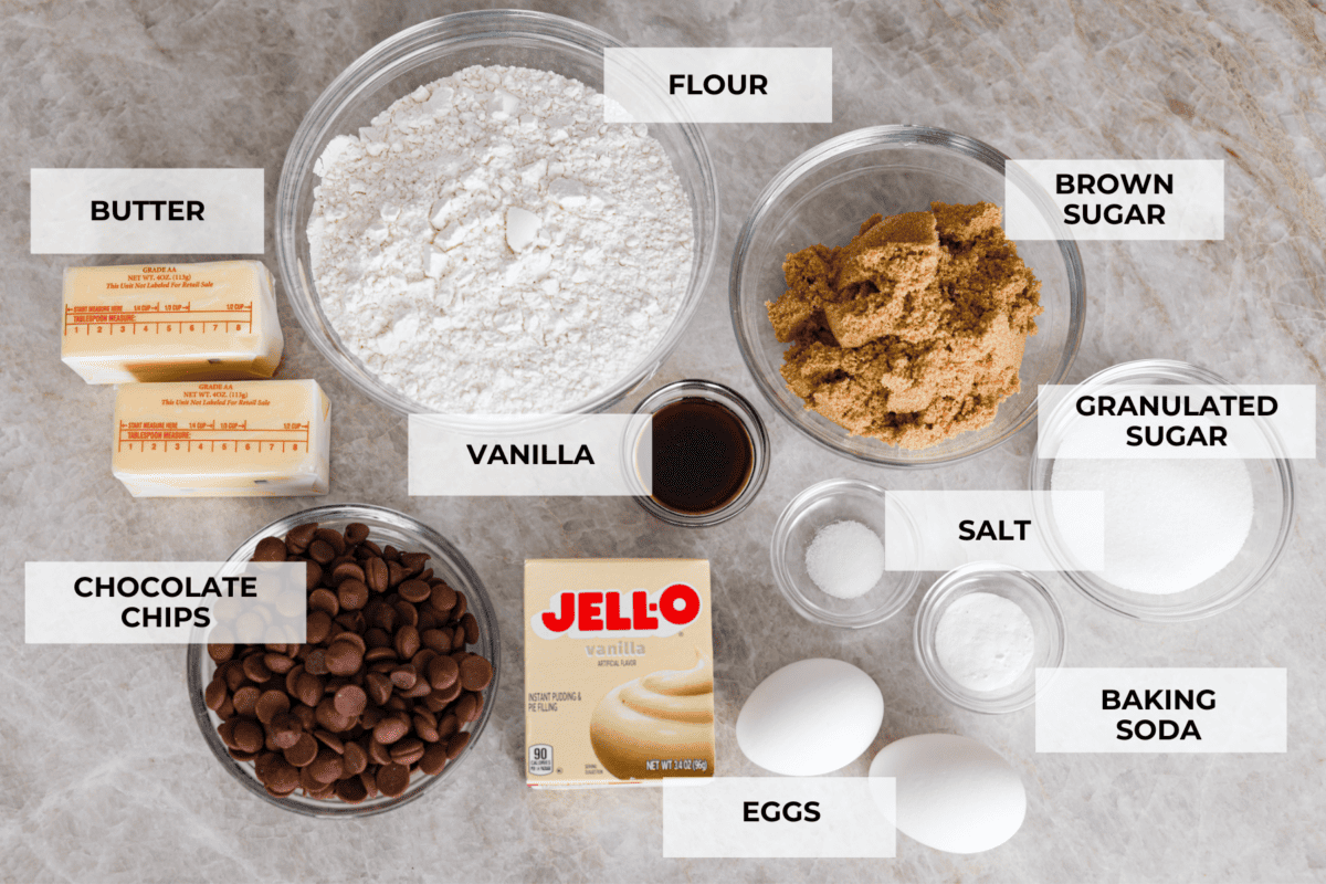 Introducing the softest and chewiest chocolate chip pudding cookies to ever come out of your oven! Adding Instant pudding mix creates the perfect cookie that dreams are made of. Ingredients labeled.