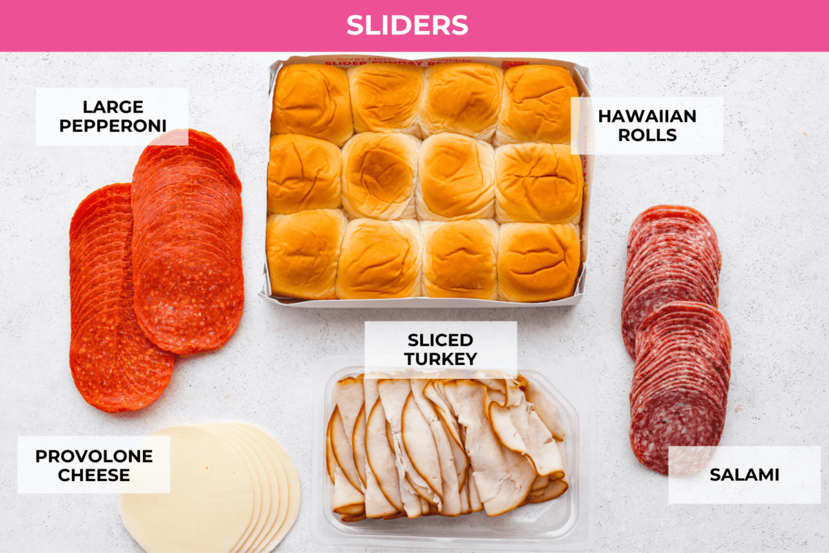 The classic grinder sandwich made into sliders to share! You've got Hawaiian rolls topped with layers of pepperoni, salami, turkey, provolone, and creamy grinder salad. And to top things off- each roll is brushed with a buttery parmesan glaze and baked to golden brown perfection. The slider ingredients- meat, cheese, and Hawaiian rolls.