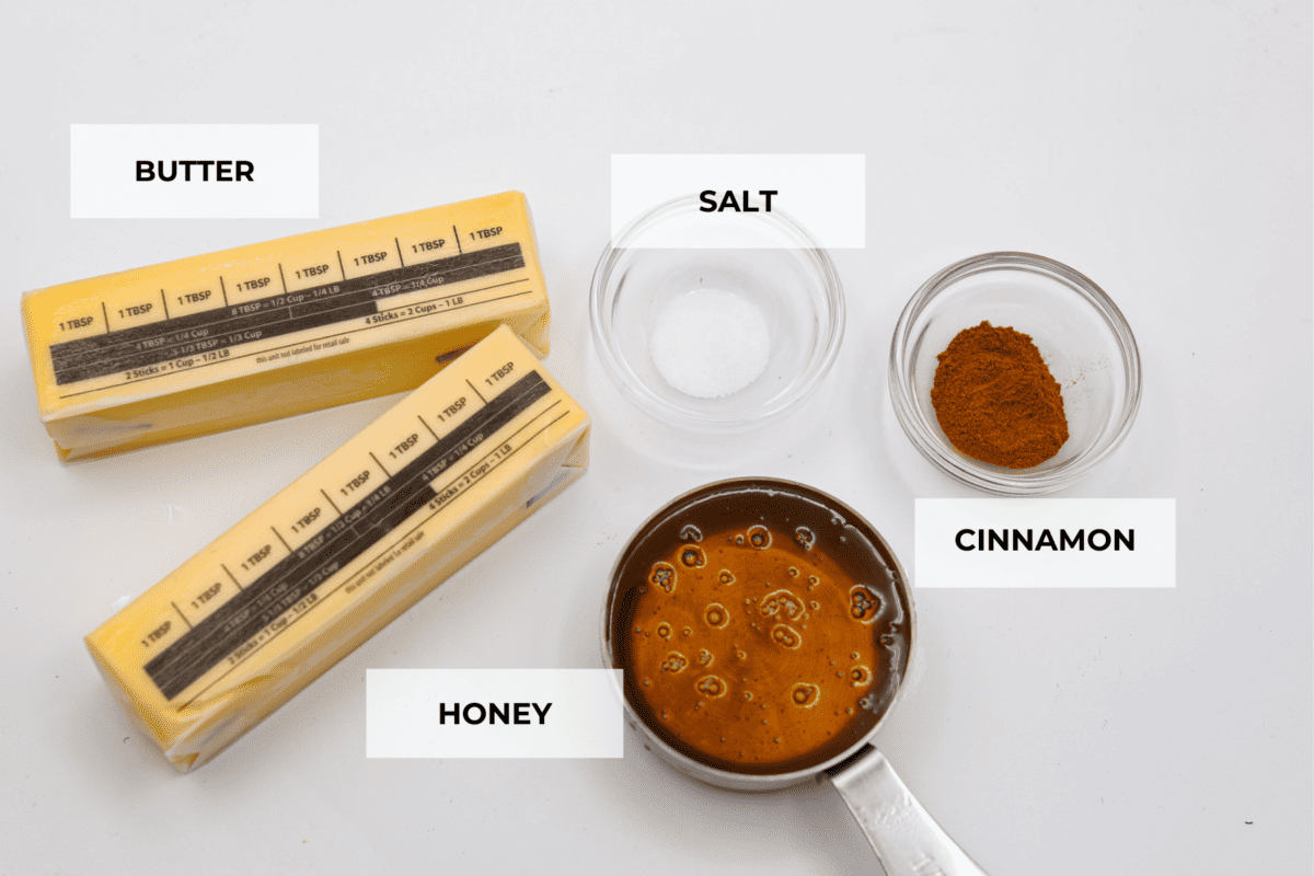 This honey butter recipe is so easy to make, and perfect on everything from rolls and toast to muffins. One taste and you’ll be hooked! All of the ingredients laid out before combining.