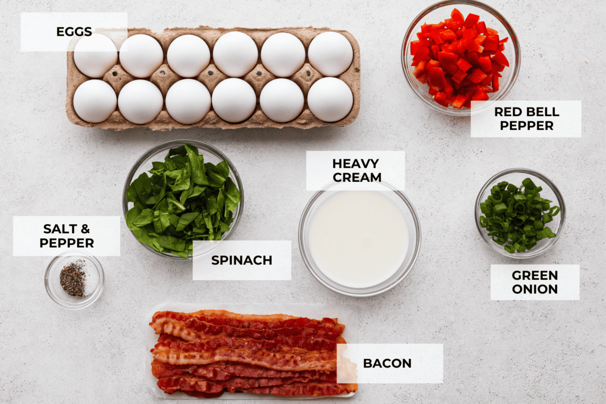 Sheet pan eggs are not only fluffy and full of flavor, but the best way to meal prep eggs or feed a crowd! Add your favorite mix-ins and serve as-is or use them to make breakfast sandwiches or as a topping for avocado toast! All of the ingredients for making the eggs, along with mix-ins like spinach, red bell peppers, bacon, and green onion.