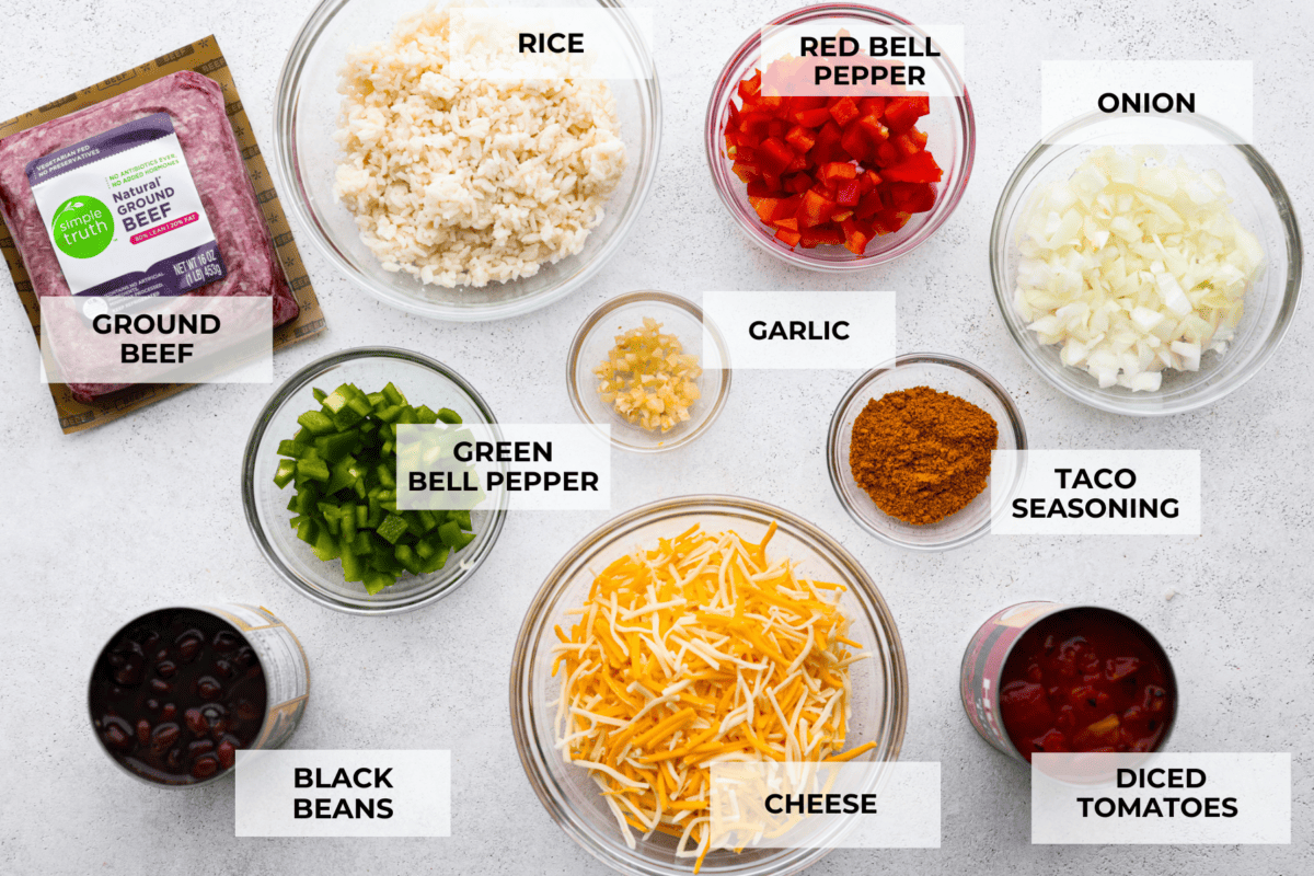 Okay, but can we talk about how gorgeous this taco skillet is?! Like, if dinner could be a showoff, this would be it. Itโs giving melty, cheesy, golden perfection, and the best part? It all comes together in one pan. Overhead shot of labeled ingredients.