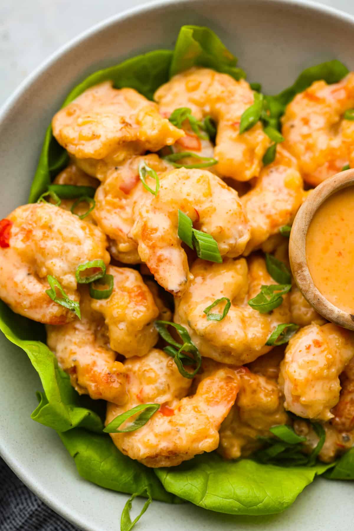 This Copycat Bang Bang Shrimp is a replica of everyone's favorite shrimp appetizer! Sweet shrimp are fried until crispy, then tossed in a spicy, creamy mayo, and topped with chives. Perfect for sharing! Closeup of bang bang shrimp