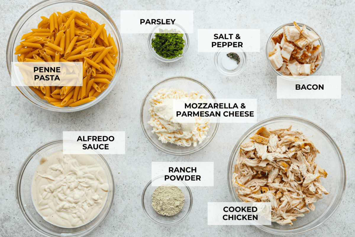 Want to make something you know your kids will eat? This chicken bacon ranch casserole is it! I can't tell you how delicious this casserole is! The combination of flavors is perfection! You have to try it! Overhead shot of labeled ingredients.