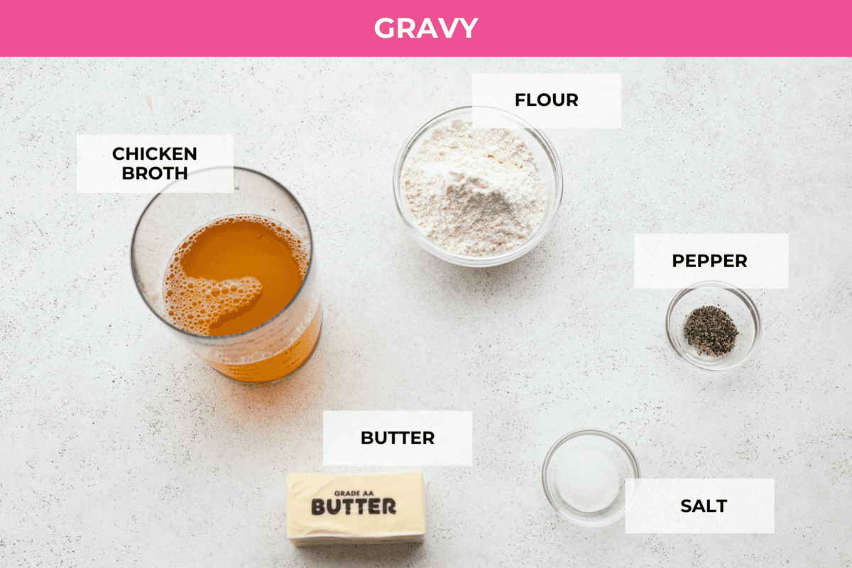Bring all the best things about Southern cooking to your dinner table with this country fried chicken recipe! The result? Golden, crispy goodness smothered in savory homemade gravy. All of the ingredients for the gravy. Listed are: chicken broth, flour, butter, salt, and pepper