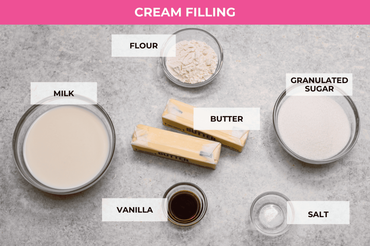 This Twinkie cake is a fun dessert that brings the classic snack cake to life. With its fluffy vanilla sponge and creamy filling, it's sure to be a hit with everyone! Top view of filling ingredients, all individually labeled.