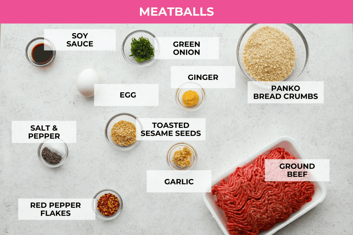 Get ready to spice up your dinner with these firecracker meatballs! Juicy beef meatballs are baked to perfection and then tossed in a sweet and spicy buffalo-based sauce, creating a delicious meal that's perfect for any night of the week. overhead shot of labeled meatball ingredients.