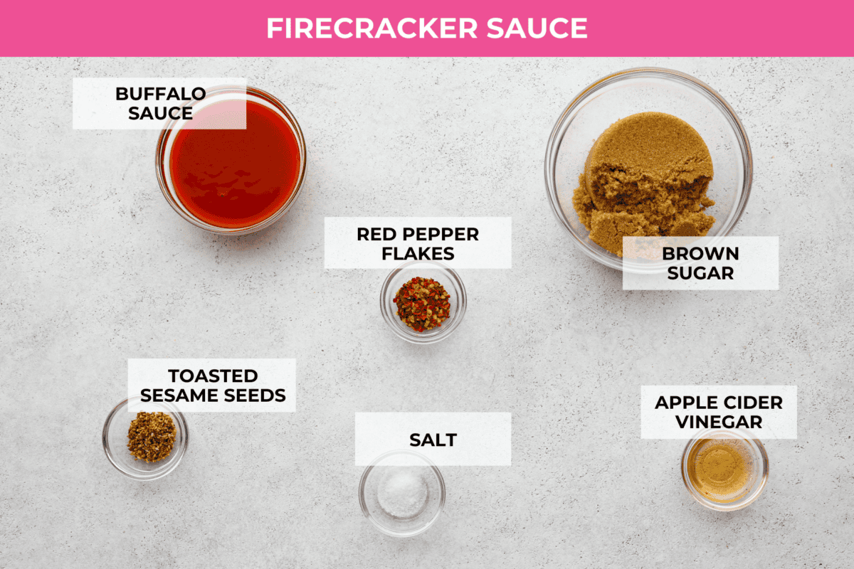 Get ready to spice up your dinner with these firecracker meatballs! Juicy beef meatballs are baked to perfection and then tossed in a sweet and spicy buffalo-based sauce, creating a delicious meal that's perfect for any night of the week. Overhead shot of labeled ingredients for sauce.
