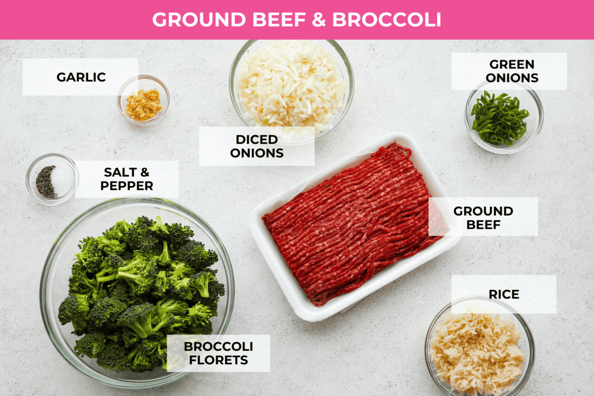 Get ready to enjoy a delicious and easy ground beef and broccoli stir-fry thatโs perfect for a quick weeknight dinner. This flavorful dish combines tender broccoli, savory beef, and a rich, tangy sauce, all served over steamed rice for a satisfying meal the whole family will love. Overhead shot of labeled ingredients.