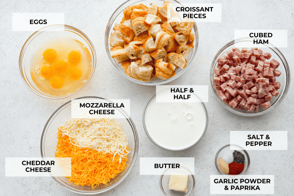 This Ham and Cheese Croissant Casserole is filled with comforting flavors of croissants, eggs, ham and plenty of melty cheese. It's quick and easy to throw together for a yummy dish that works for breakfast, lunch or dinner! The top view of all of the ingredients, each separately laid out on a counter and labeled.