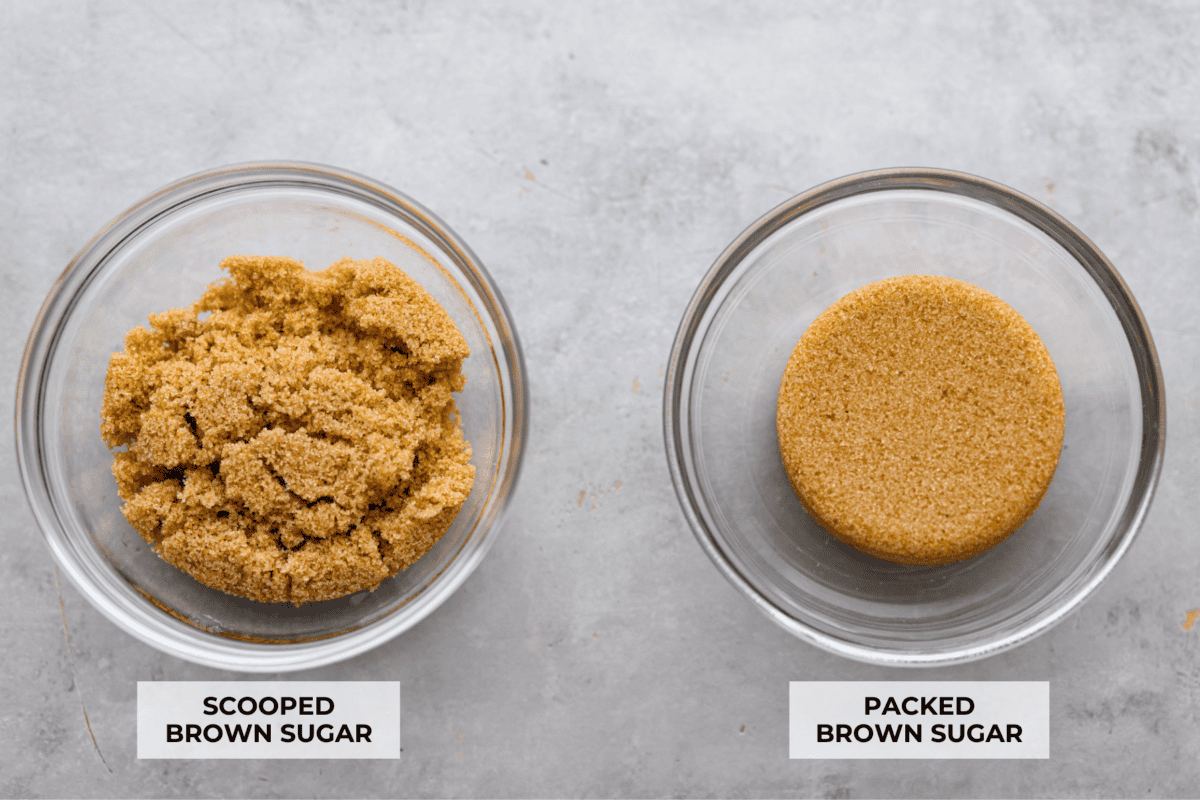 Whether you are a seasoned baker or just starting out, this informational post has all of my tips and tricks on how to properly measure baking ingredients. A photo of scooped brown sugar in a glass bowl next to packed brown sugar in a bowl showing the difference.