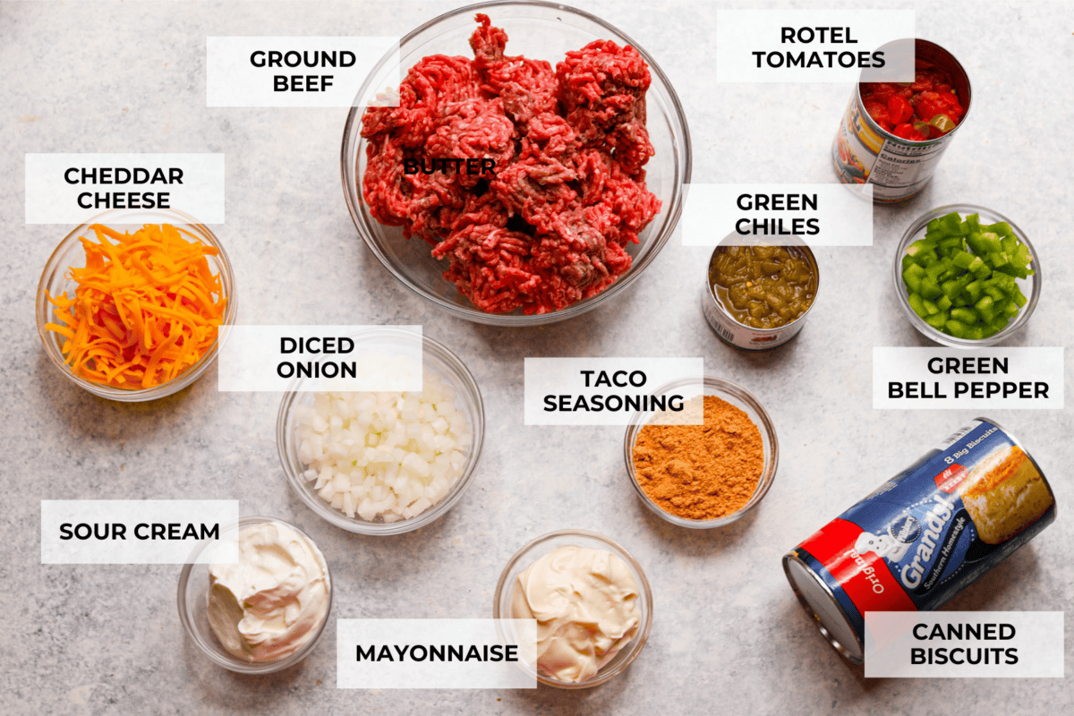A top view of the ingredients laid out in individual glass bowls and each labeled.