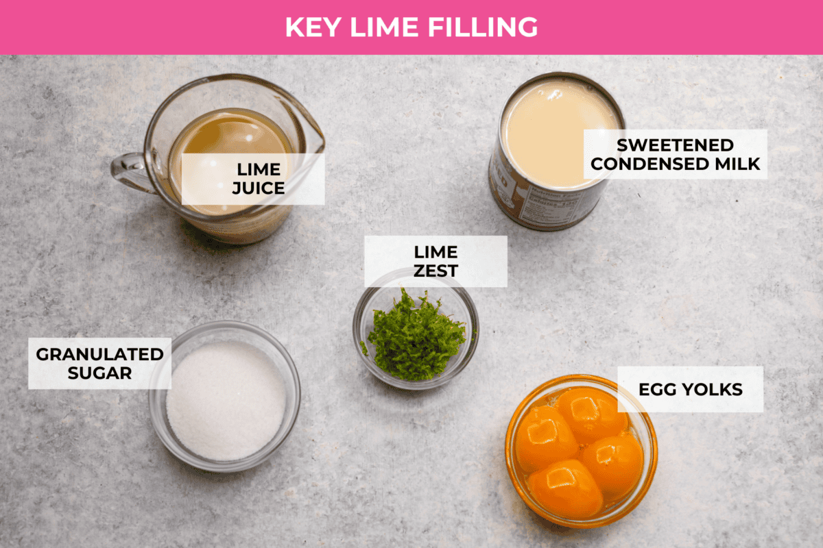 Key lime pie bars are classic key lime pie flavors baked into delightful little bars. They have a buttery graham cracker crust and a creamy lime filling. The sweet and zingy lime flavors make for an irresistible treat! Ingredients labeled to make key lime bars filling.