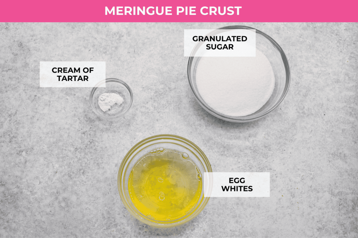 Lemon angel pie is a delightful dessert straight from heaven! It has a creamy lemon filling inside a sweet, airy meringue crust, then topped with fresh whipped cream. Every bite is pure bliss! Ingredients listed to make meringue pie crust.