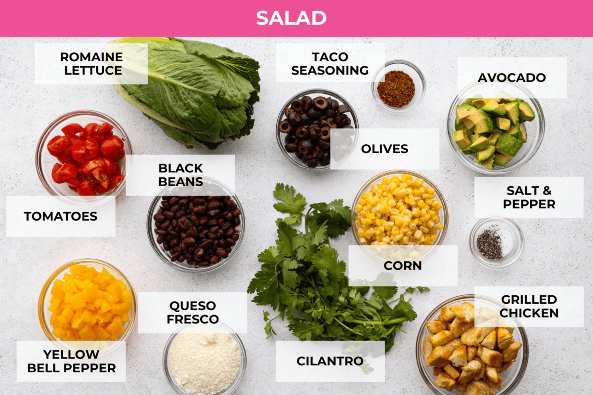 Santa Fe Salad is filled with bold southwestern flavor and has the most wonderful texture. Romaine lettuce, grilled chicken, black beans, corn, tomatoes, tortilla strips, avocado and cheese come together for the most amazing combination. And the creamy southwest dressing is the perfect finishing touch. All of the salad ingredients prepared in glass bowls.