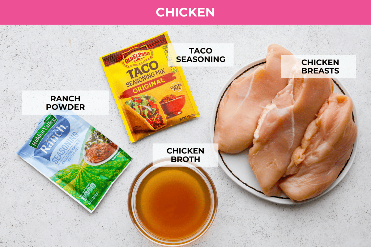 Switch up taco night with these 4-ingredient slow cooker ranch tacos! The chicken shreds perfectly and is packed with flavor. Dinner has never been easier! Ingredients labeled to make the chicken.