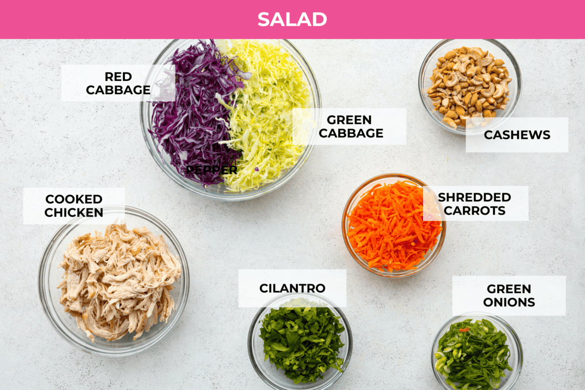 Crunchy and bright, this Thai Chicken Salad with creamy peanut dressing is bursting with flavor, texture and deliciousness! Prep it in under 30 minutes for an easy side dish or a delicious lunch! The top view of ingredients on a counter, all in glass bowls and labeled.