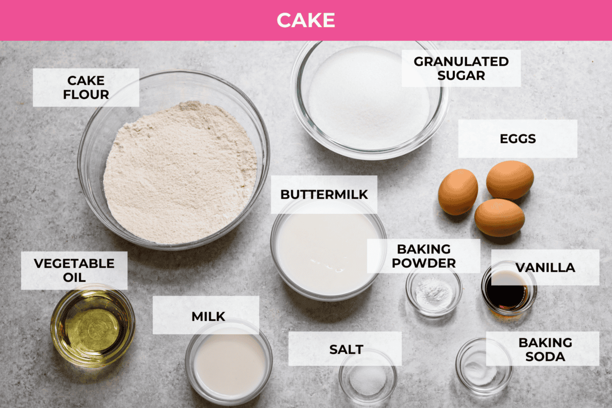 This Twinkie cake is a fun dessert that brings the classic snack cake to life. With its fluffy vanilla sponge and creamy filling, it's sure to be a hit with everyone! Top view of cake ingredients all individually labeled.