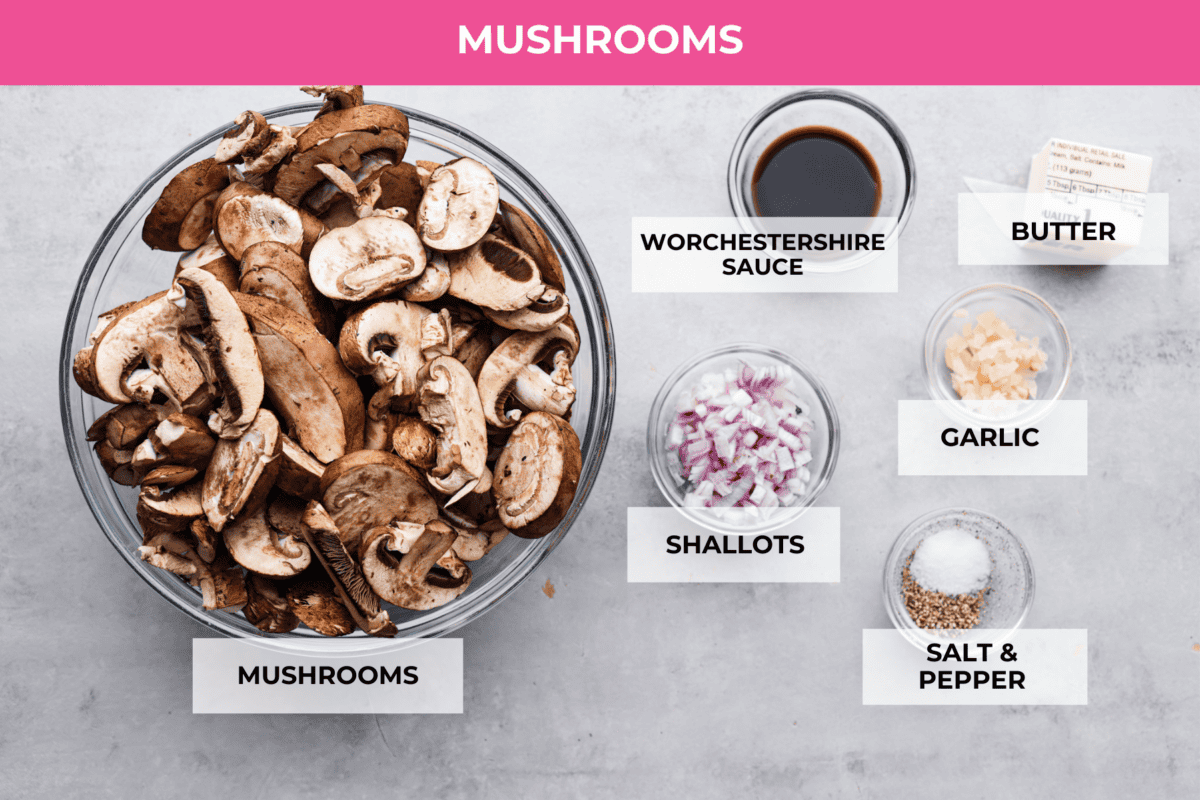 Create the most flavorful, juicy Mushroom Swiss Burger! Perfectly seasoned ground beef is topped with sautรฉed buttery mushrooms and melty Swiss cheese then loaded on fluffy buns for a gourmet burger that's easy to make at home! A top view of all of the ingredients needed to make the mushrooms.