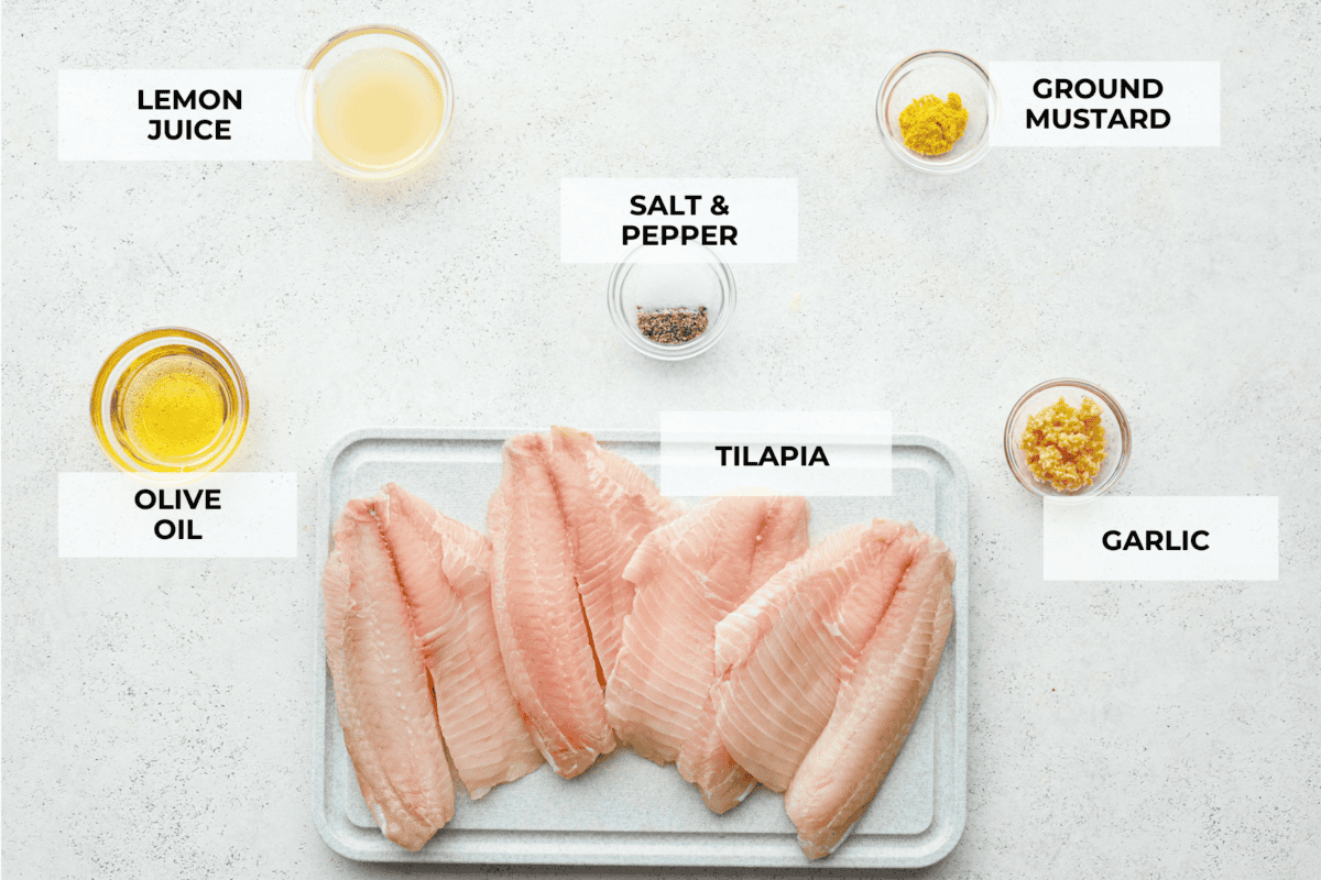 Fire up the grill! This grilled tilapia is deliciously seasoned and has the best flaky texture. Top view of all of the ingredients laid out individually and labeled.