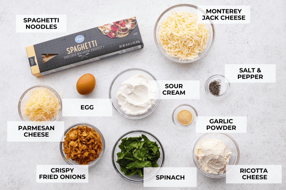 You will love the tasty flavors in this Monterey spaghetti! Tender spaghetti baked in a cheesy mixture and loaded with spinach and crispy fried onions. It's a surprisingly delicious combination of flavors and an easy weeknight dinner! Labeled ingredients for Monterey Spaghetti.