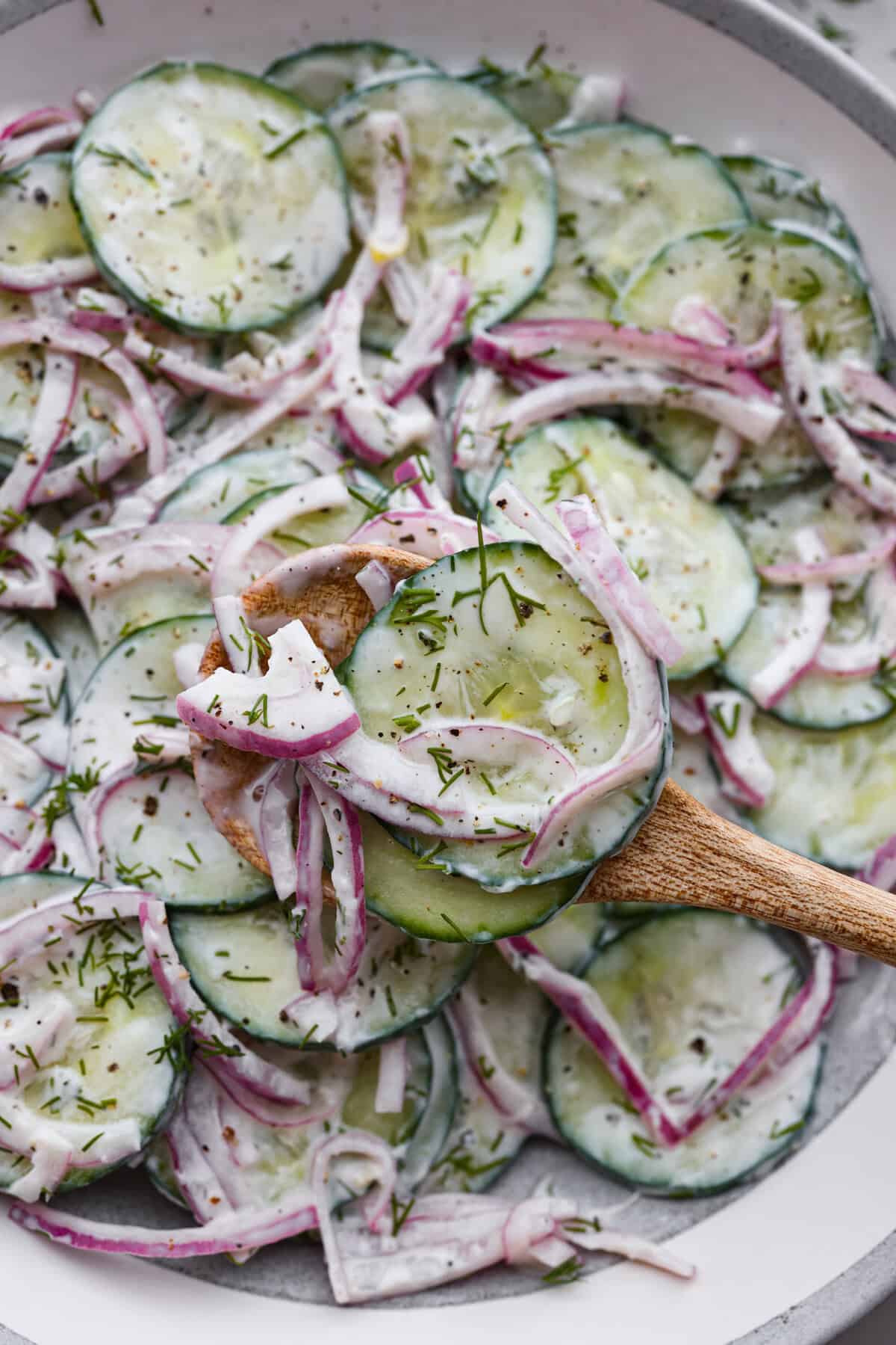 Creamy Cucumber Salad is a delicious and refreshing side dish. All it takes is a handful of fresh simple ingredients and 15 minutes. This is the perfect addition to your next summer barbecue! A close up of creamy cucumber salad.