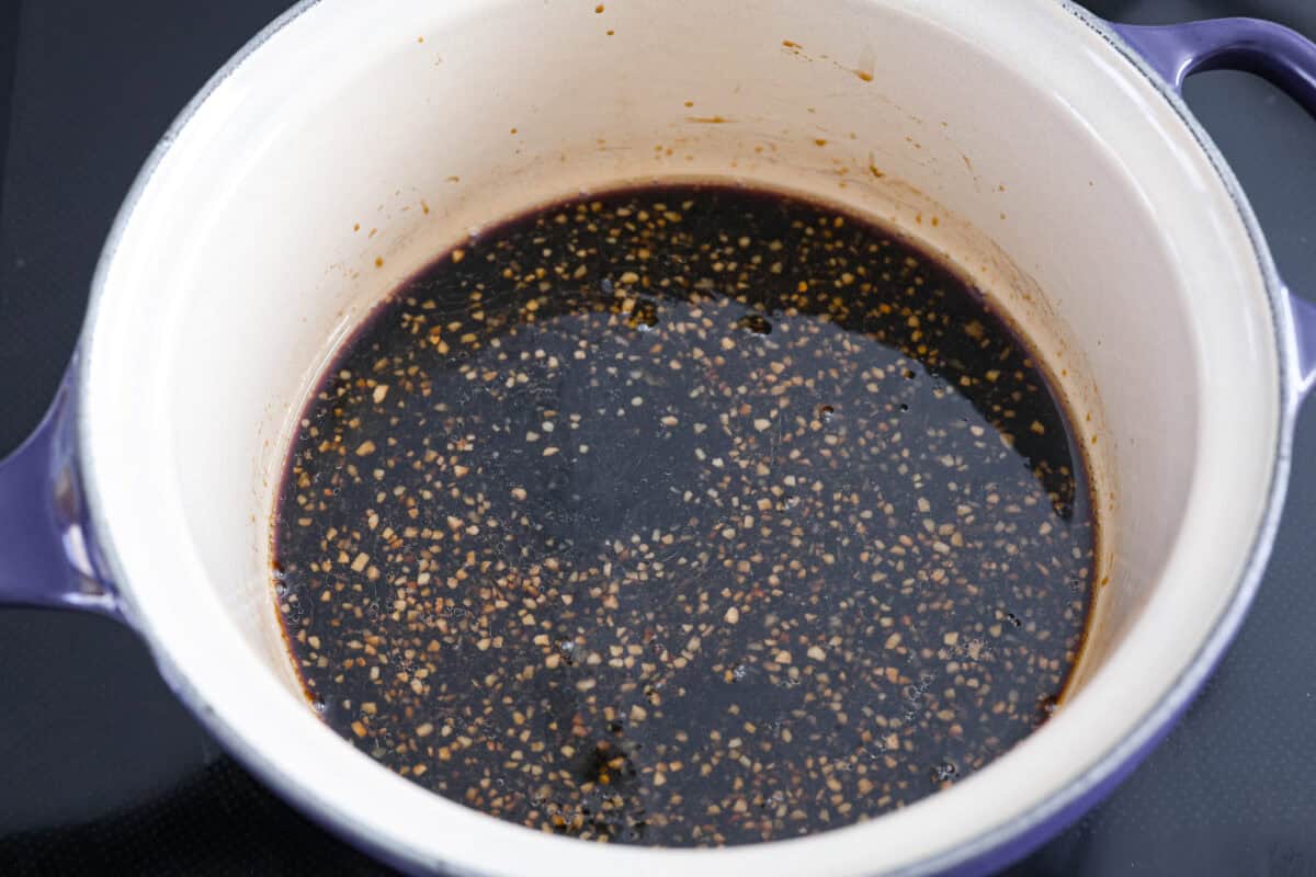 Teriyaki Sauce is super easy, takes only 10 minutes to make and is way better than store-bought! Made with simple ingredients, this is going to become a staple for your kitchen. Teriyaki sauce ingredients in a sauce pan.