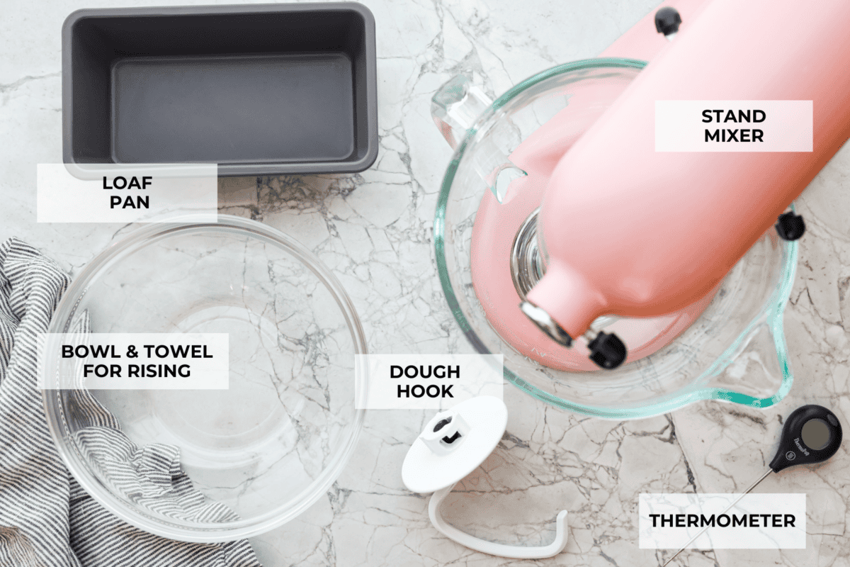 You want to make bread, but where do you start? My beginner's guide to baking bread is here to save the day! Feel confidentย at bread-making while I hold your hand through the whole process. Tools labeled to begin baking bread.