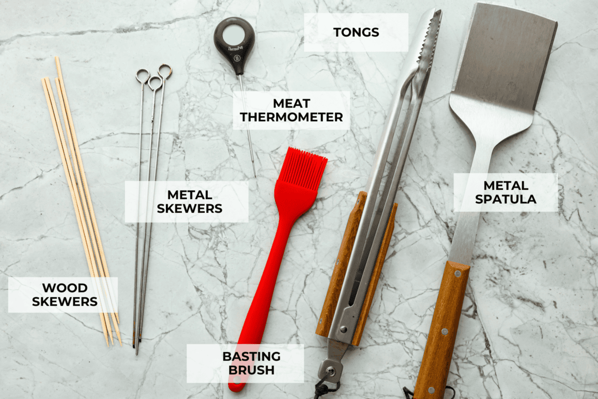 Fire up your grill because these grilling basics will give you all the confidence you need! Discover how easy it is to cook, entertain, and make incredible food on an outdoor grill. Labeled tools for using on the grill.