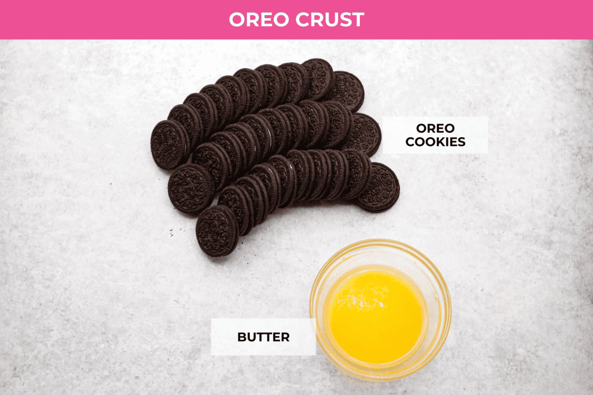 I am so excited about this recipe, it combines two of my all-time favorite desserts, cookie dough and cheesecake! With the rich Oreo crust, creamy cheesecake filling, and edible cookie dough bites, this no-bake cookie dough cheesecake will have your taste buds begging for more! overhead shot of 30 Oreos neatly lined up and a bowl of melted butter, showing the ingredients to make the Oreo crust.