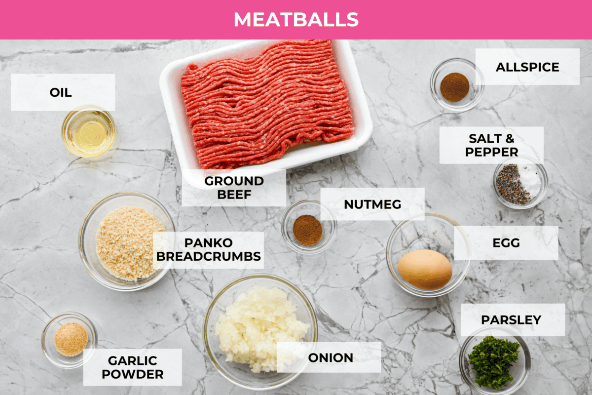 These areย a top favorite recipe on the siteย for a reasonโjuicy meatballs, rich creamy gravy, and SO MUCH FLAVOR. Theyโre easy to make andย way better than IKEAโsย (yes, really!). A top down shot of the ingredients for the swedish meatballs.