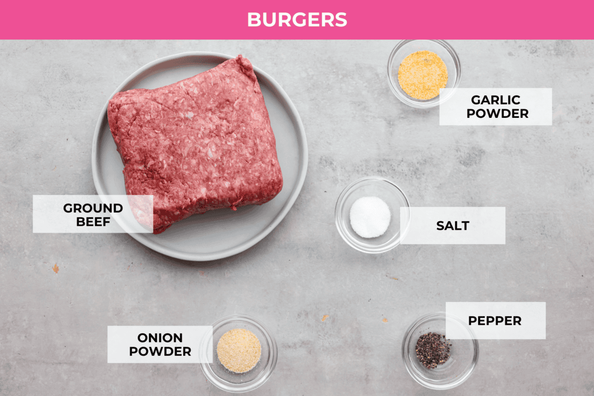 Get ready for the ultimate burger experience topped with my irresistible Secret Sauce. The flavor packed into this burger is a delicious twist on a classic favorite. A top view of ingredients in bowls and each individually labeled.