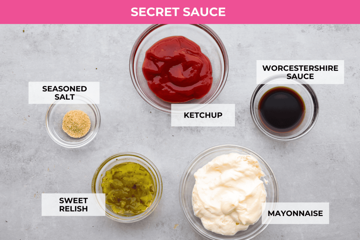 Get ready for the ultimate burger experience topped with my irresistible Secret Sauce. The flavor packed into this burger is a delicious twist on a classic favorite. The top view of the sauce ingredients all individually labeled.